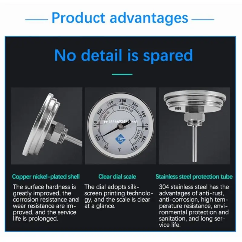 Termometer Tahan Karat 50-550 ℉ 1/2NPT Dudukan Benang Diameter 83Mm Dial Bulat Meteran Uji untuk Makanan Daging