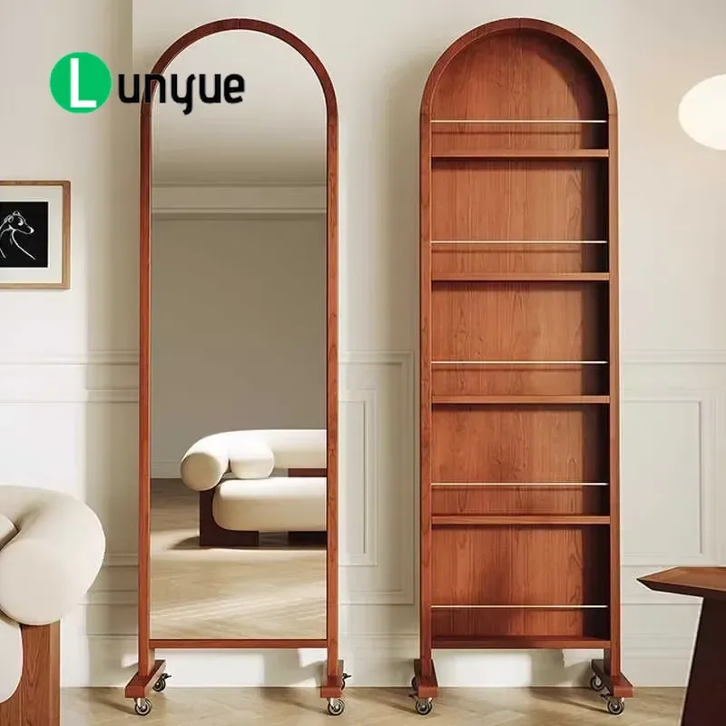 Japanese Style Wooden Rotating Storage Rack with Full Length Mirror Hidden Magazine Shelf on Wheels for Hotel Commercial