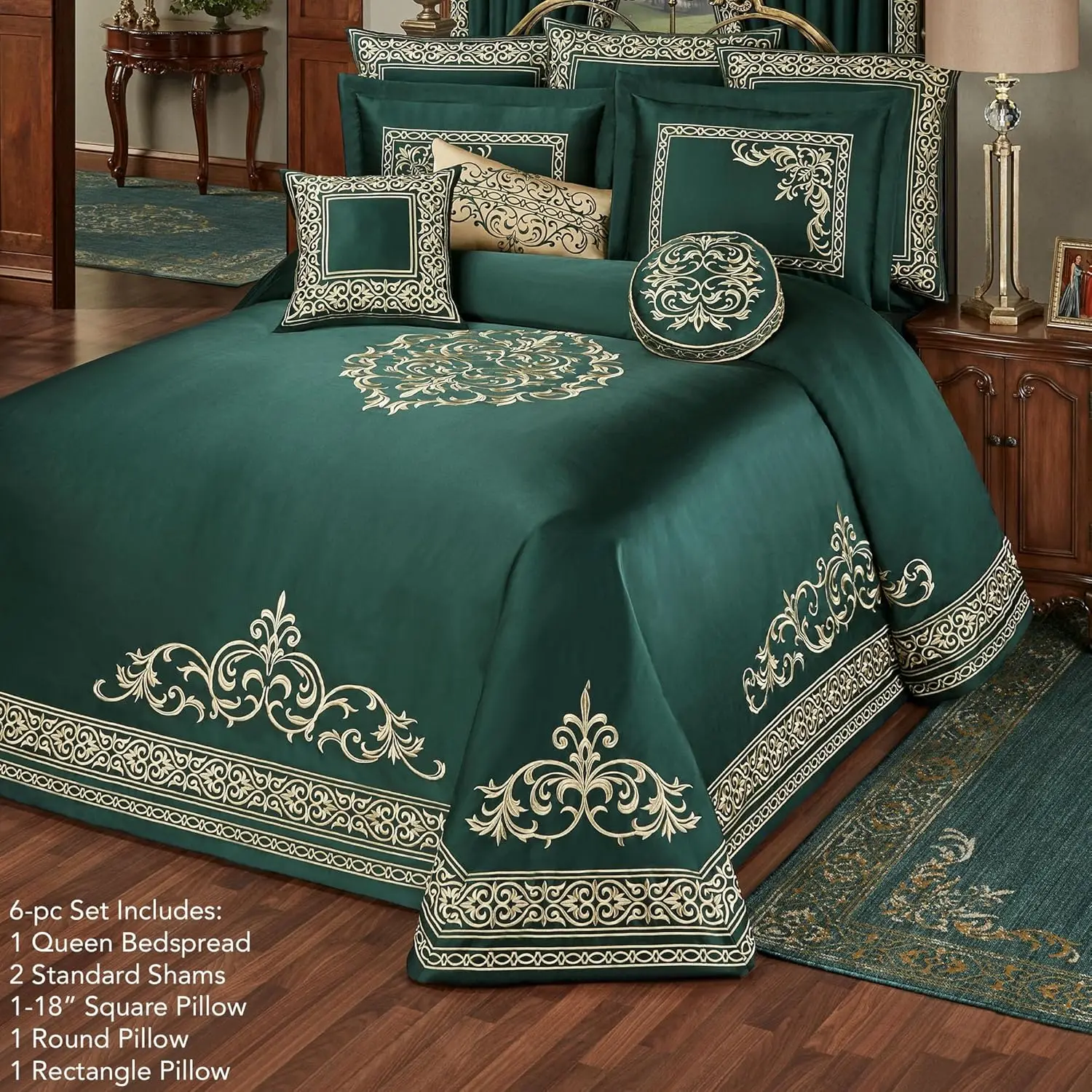 Touch Of Class Balmoral Luxury Bedding | Emerald Green | Palace-Inspired Golden Scrollwork Embroidery On Sateen 6 Piece Set