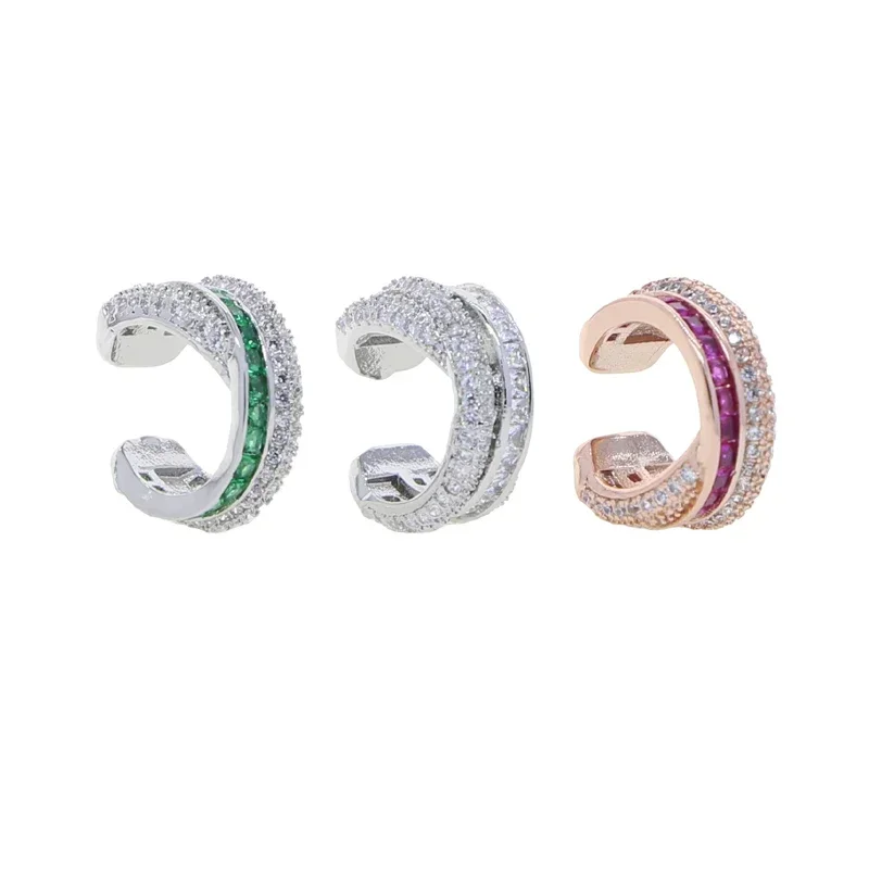Luxury Geometric micro pave Colorful Cubic Zirconia cz Circle Lines ear cuff no pierced clip Stud Earrings Hip hop women jewelry