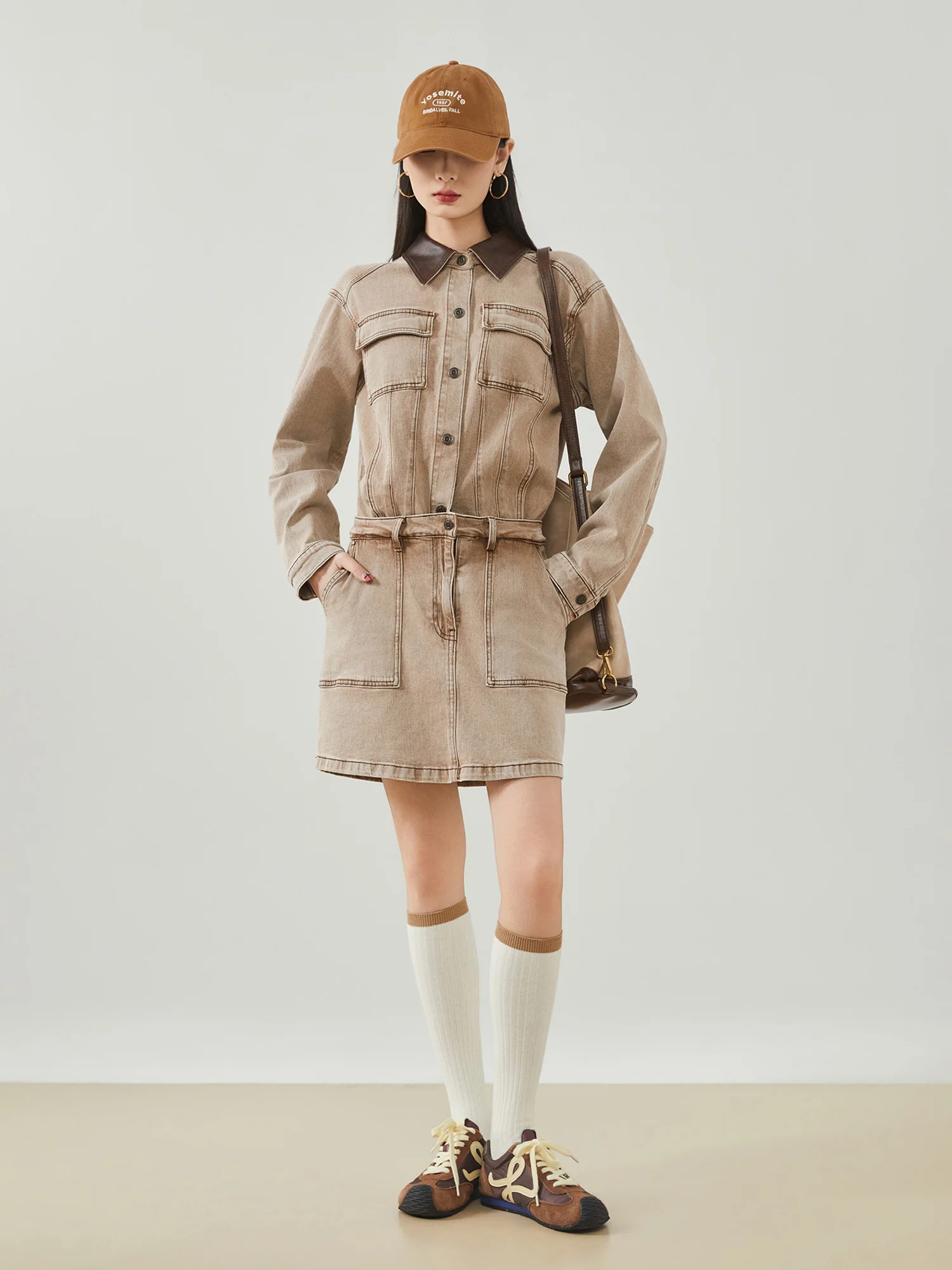 

Waed Brown Denim Long Sve A-Line Dr Women's Korean Sle Slimming Workwear Flip Collar Patchwork Skirt Ci Commute