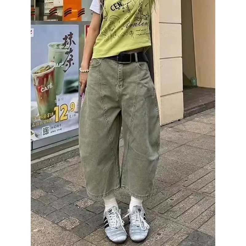 Streetwear Embroidery Letter Vintage Denim Shorts Jenas Women Summer High-Waisted Loose-Fit Straight-Leg Slim Denim Pants