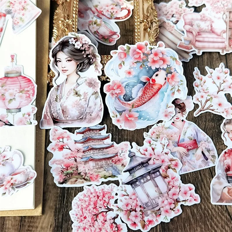 17PCS Watercolor Pink Kimono Girl Sakura Hand Account Stickers  Dessert Scrapbooking  /decorative  /DIY Craft Photo Albums