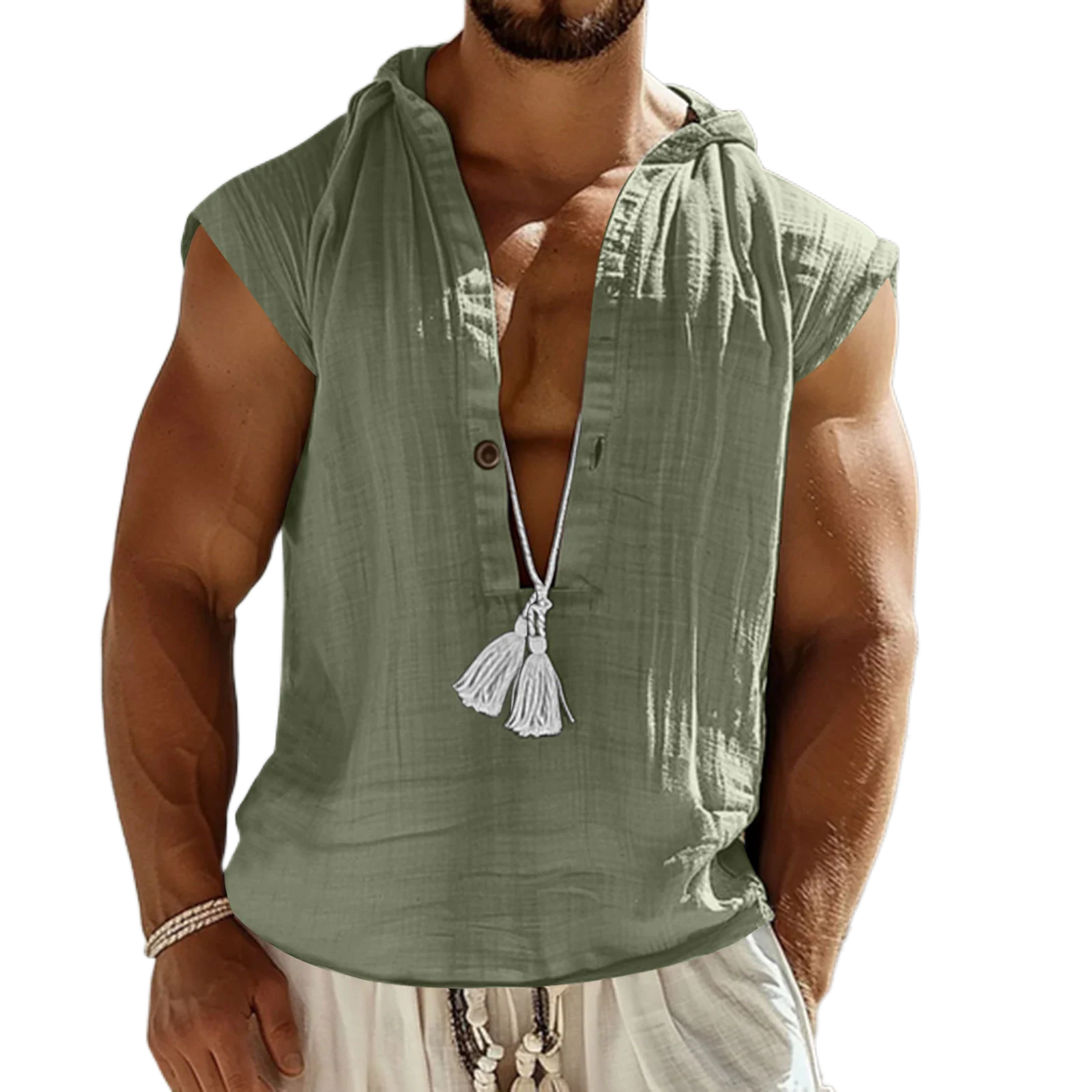 2026-Summer-Men-Vintage-V-Neck-Sleeveless-Shirt-Linen-Hooded-Vest-Casual-Loose-Breathable-Solid-Color-Daily-Leisure-Tops-For-Men