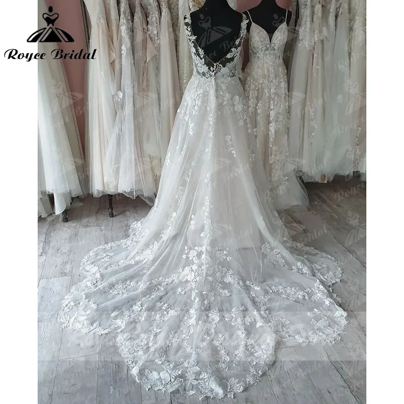 2022 Mariage Boho 탱크 라인 웨딩 드레스 딥 브이 넥 레이스 Appliqued Backless 세련된 웨딩 드레스 맞춤 제작 Vestaglia Sposa