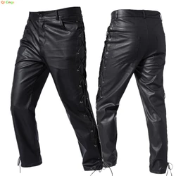 2026 New Men's Black PU Pants, Biker Faux Leather Trousers Red Fashion Casual Pant Lace-up Trim on Left and Right Sides S-5XL