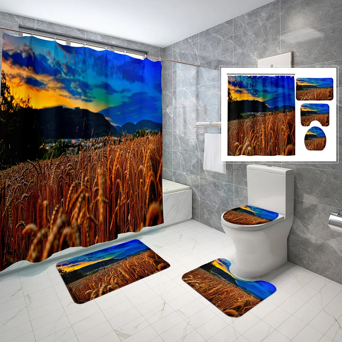 Wheat Field Shower Curtain Sets Golden Wheat Nature Sunsets Sky 4 Pcs Non-slip Bath Mat Toilet Lid Waterproof Shower Curtain Set