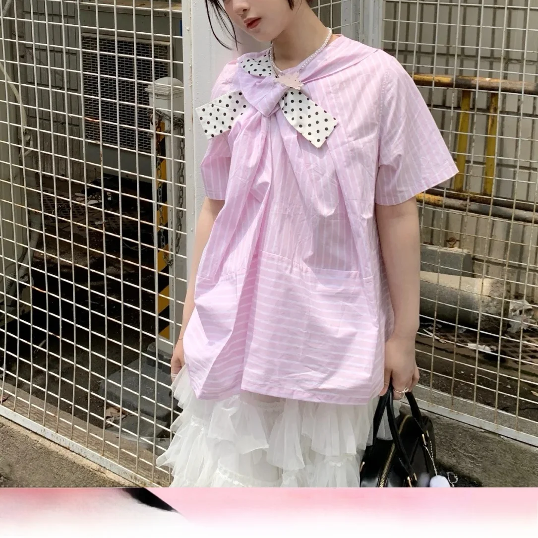 

Sweet Style Polka Dot And Stripe Splice Loose Short Sleeve Shirt Women's Top Knot Summer Fashion Ladies' Blouse