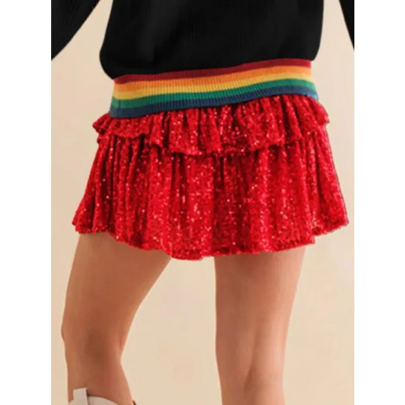 Women Summer Mini Skirt Casual Sparkling Sequins Elastic A-Line Skirt for Beach Vacation Club Streetwear Women Short Skirt