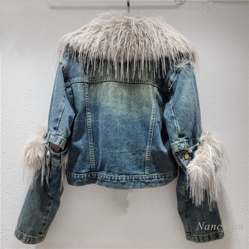 Faux Fur Collar Denim Jacket Women's Autumn and Winter Environmental Protection Wool Thickened Warm Short Cotton Coat 2024