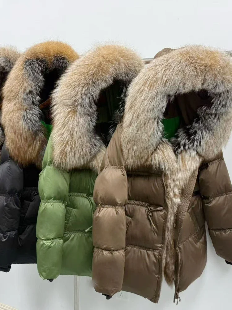 Reality Fur Jacket Women Loose Hooded white Goose Down Coat Female New Autumn Fox Fur Winter Thick Warm Natural Puffer Jacket