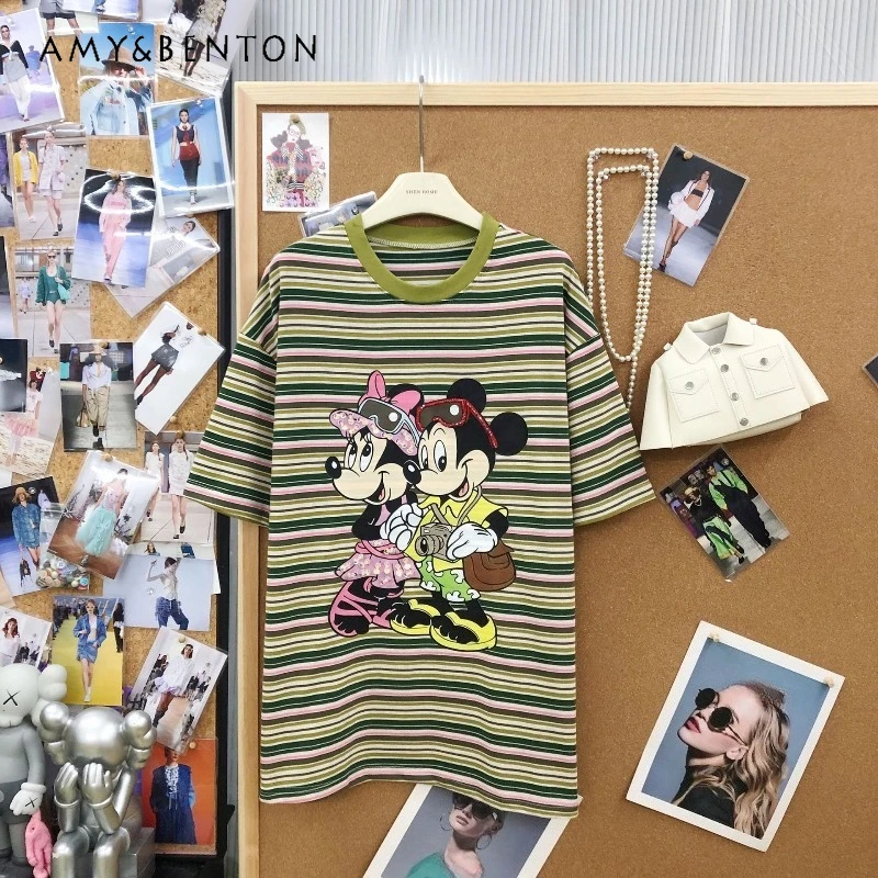 

American Vintage Contrasting Stripe Oversize Cartoon Studded Bead Print Tees Mid-length Short-sleeved T-shirt Y2k Sweet Cute Top