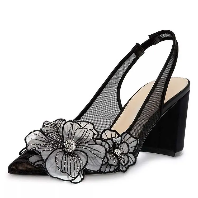 

Black Mesh Pointy Toe Rhinestone Flower Block Heel Slingback Pumps