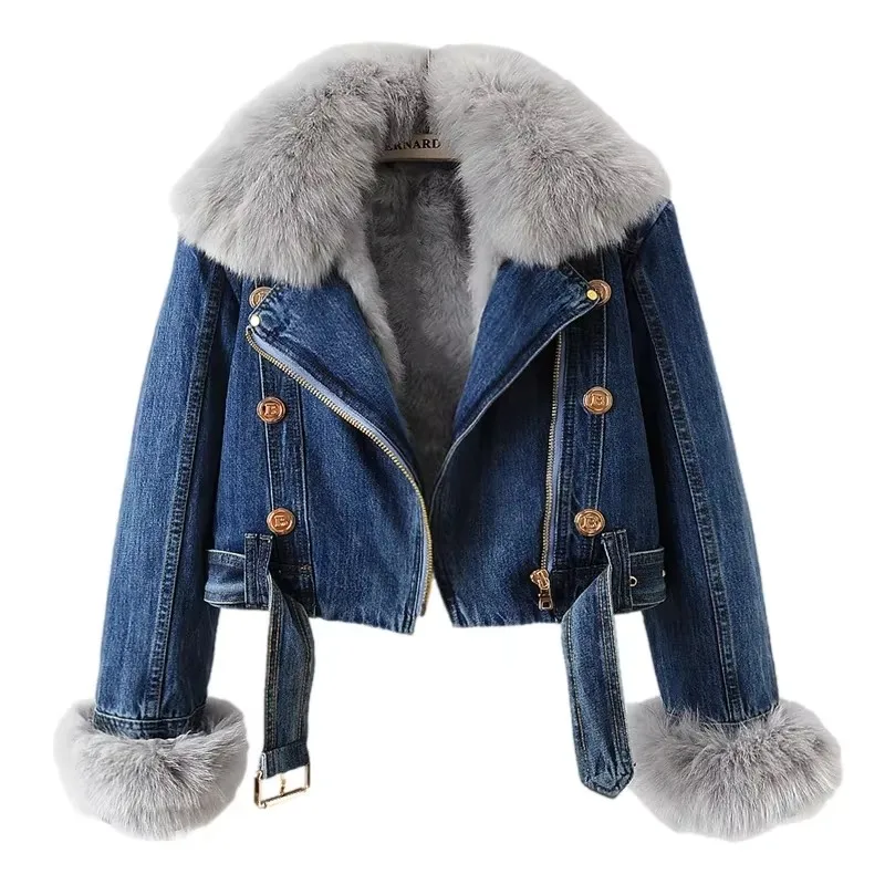 Winter Thick Real Fox Fur Collar Rabbit Fur Liner Denim Jacket Women Cowboy Outerwear Loose Short Hem Belt Jeans Jackets Female