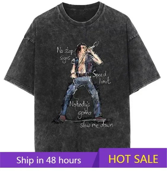 

2025 retro washed old heavy cotton Bon Scott Highway to Hell AC_DC hand-drawn pattern T-shirts for both men and women in summer