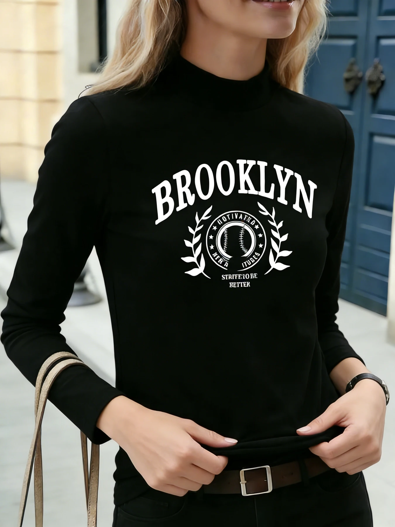 

Немецкая бархатная водолазка с длинными рукавами, женская Brooklyn «Strive To Be Better», черная повседневная рубашка с принтом значка, теплая базовая рубашка