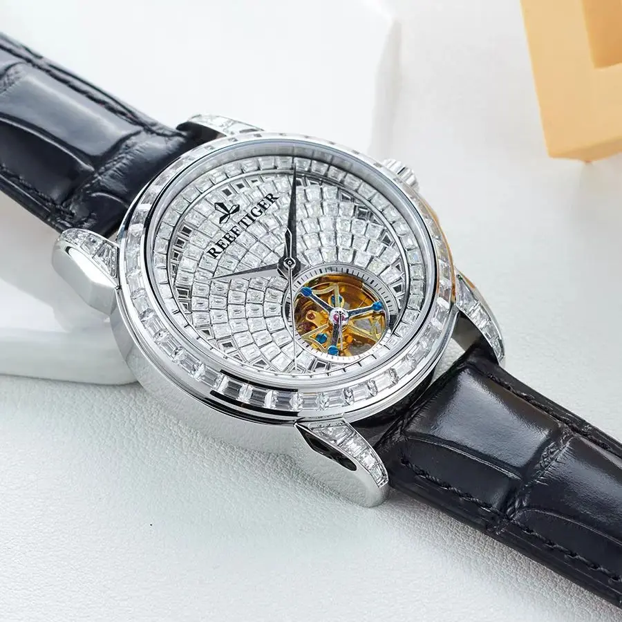 Reef Tiger Men Automatic Watch Luxury 41.5mm Mechanical Wristwatch 50M Waterproof Luminous Sapphire Skeleton Full Crystal Dial