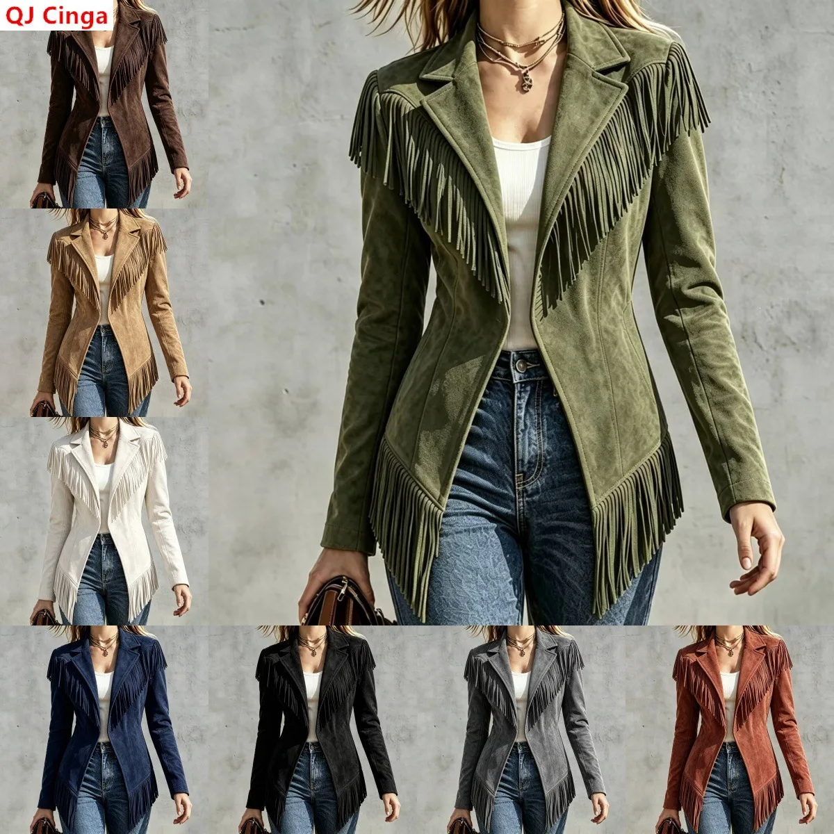Lightweight Women's Long-sleeve Collared Jacket with Fringe Detailing; Available in Black, Red, Green, Khaki, Beige, Blue, Gray.