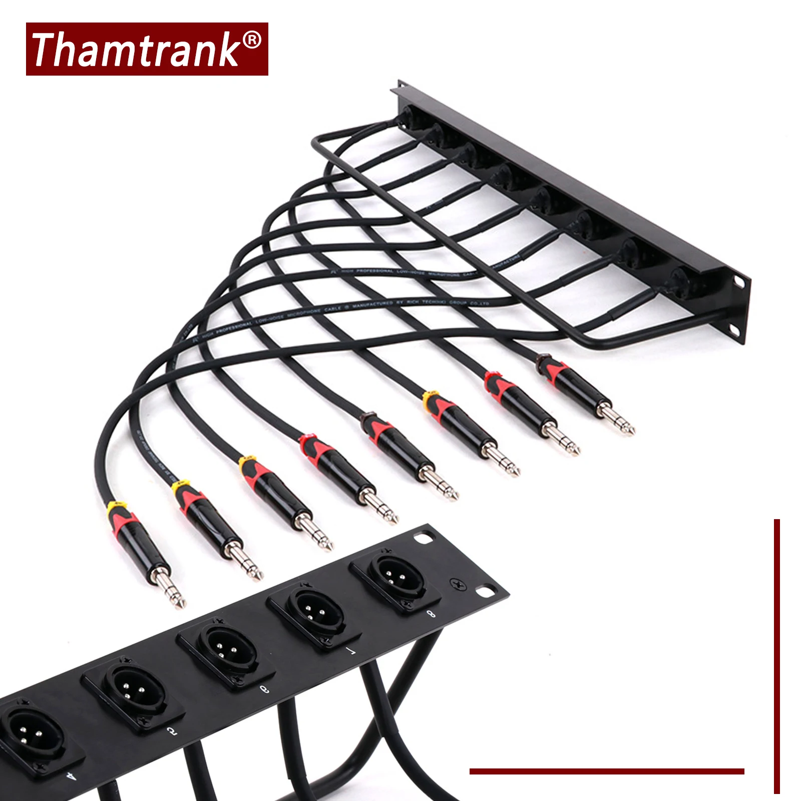 8-Way 1U Cabinet Jumper Rack,3Pin XLR Male Panel Mount Socket to 6.35mm 1/4 Inch TRS Jack Pass Through Audio Extension Cable