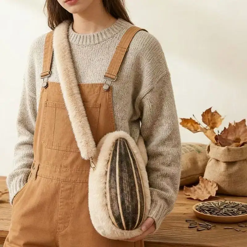 High-end Creative Sunflower Seed Design Fox Fur Shoulder Crossbody Bag Women's Fashionable Plush Tote Bag Commuter Bag