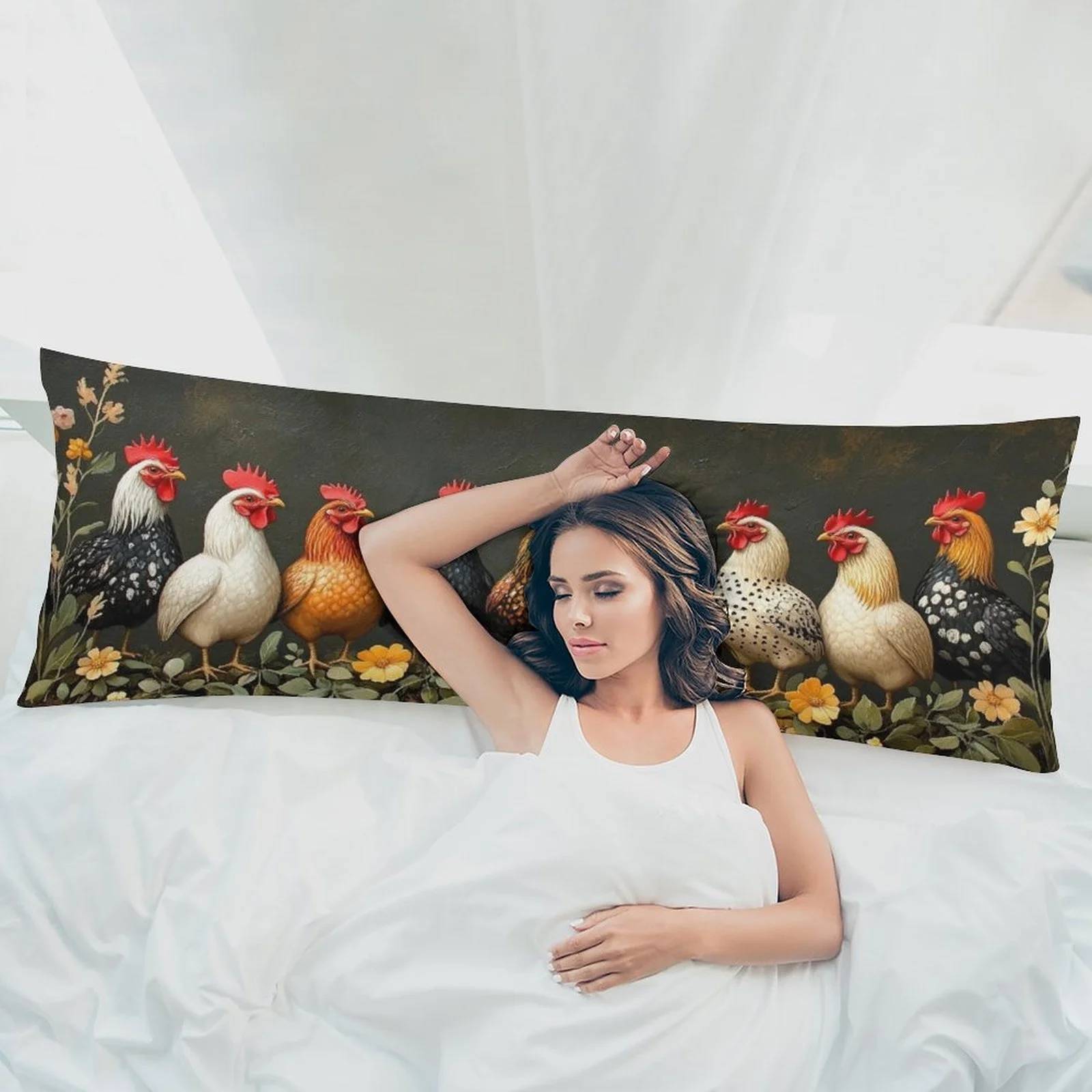 Ultra-Long Pillowcase - Oversized Mattress Cover with Farm Chicken Pattern (Black/White/Gray/Red/Brown/Golden/Green/Pink/Beige/B