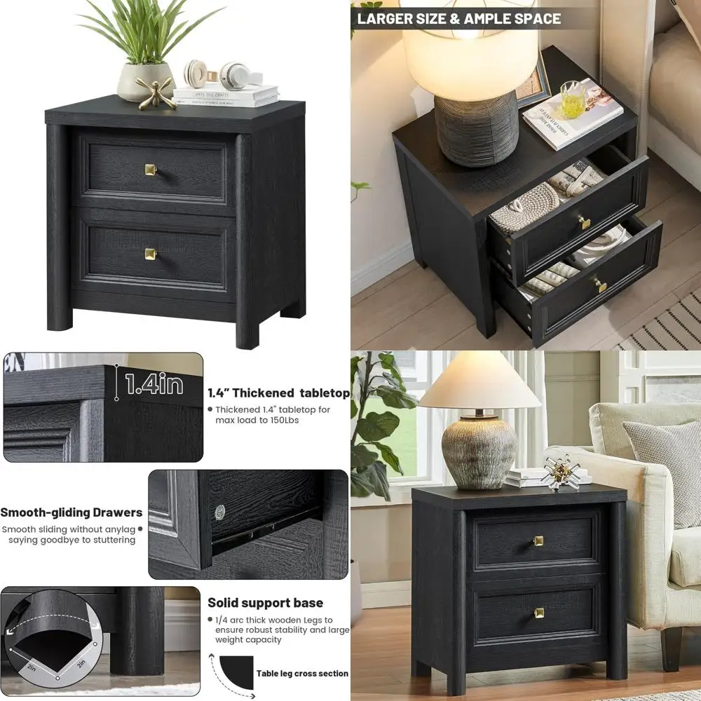 منضدة سوداء ريفية ذات درجين مع مقابض معدنية ذهبية لغرف النوم على طراز المزرعة