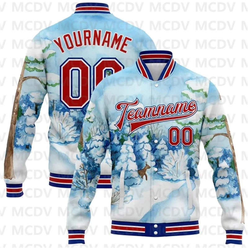Custom Gray White-Black Watercolor Forest With Fog 3D Pattern Design Bomber Full-Snap Varsity Letterman Jacket