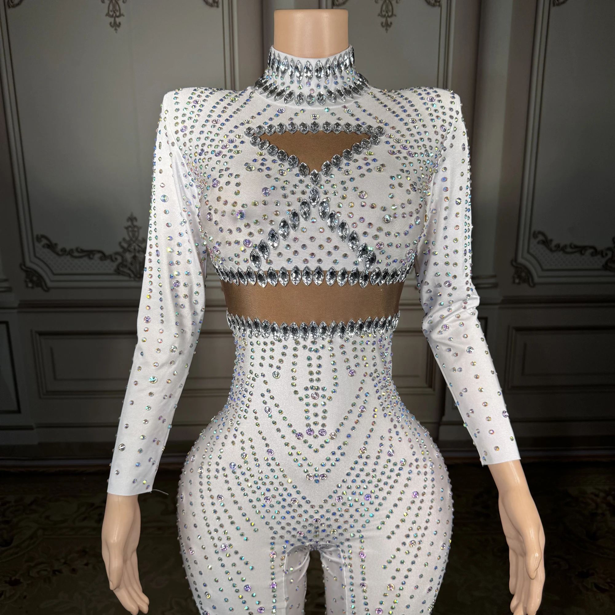 ZD Sexy Long Sleeves Stretch Rompers Club Party Showgirl Pole Dance Leotard Female One Piece Bodysuit Women Rhinestone Jumpsuit