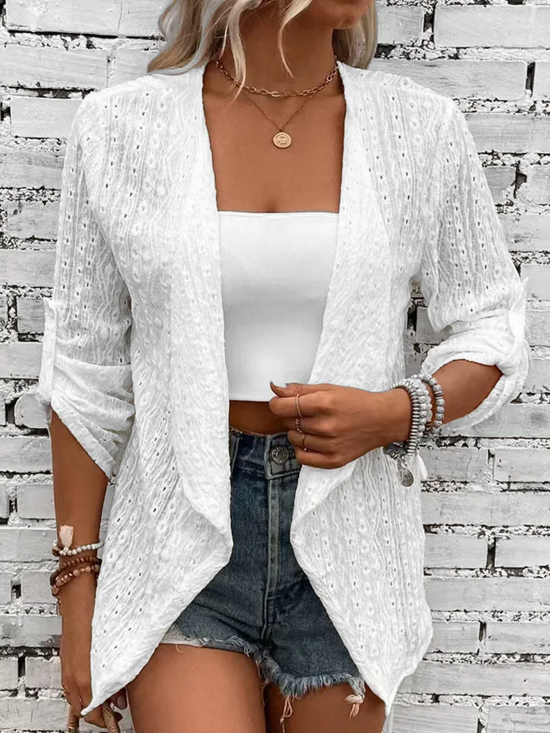 plus size Fashion-Forward Ripped Solid Cardigan, Effortless Casual Style Accented with Transparent Buttons on Sleeves