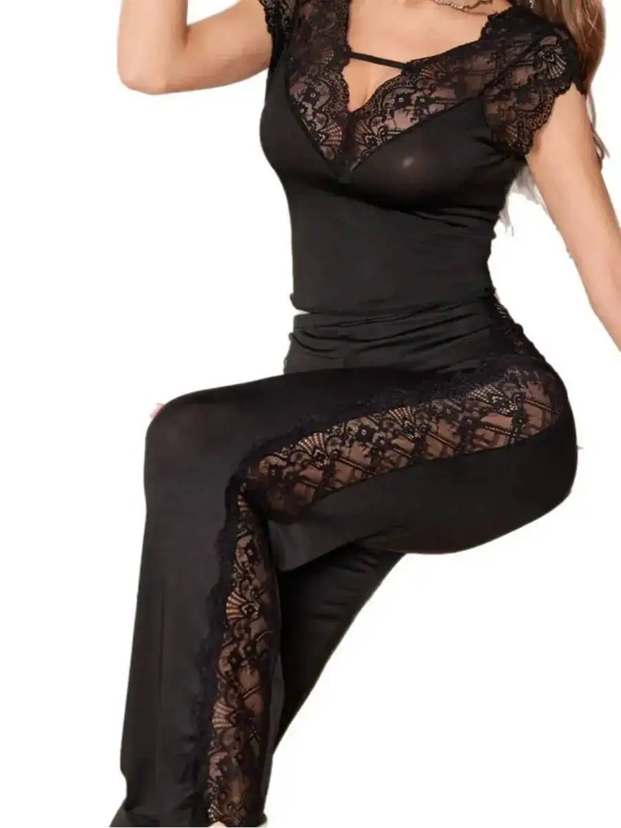 섹시한 잠옷 레이스 투명한 V넥 긴 바지 여성용 섹시한 홈웨어 세트 레이스블랙 캐주얼 바지 세트 순수한 욕망 얇은 ZW78