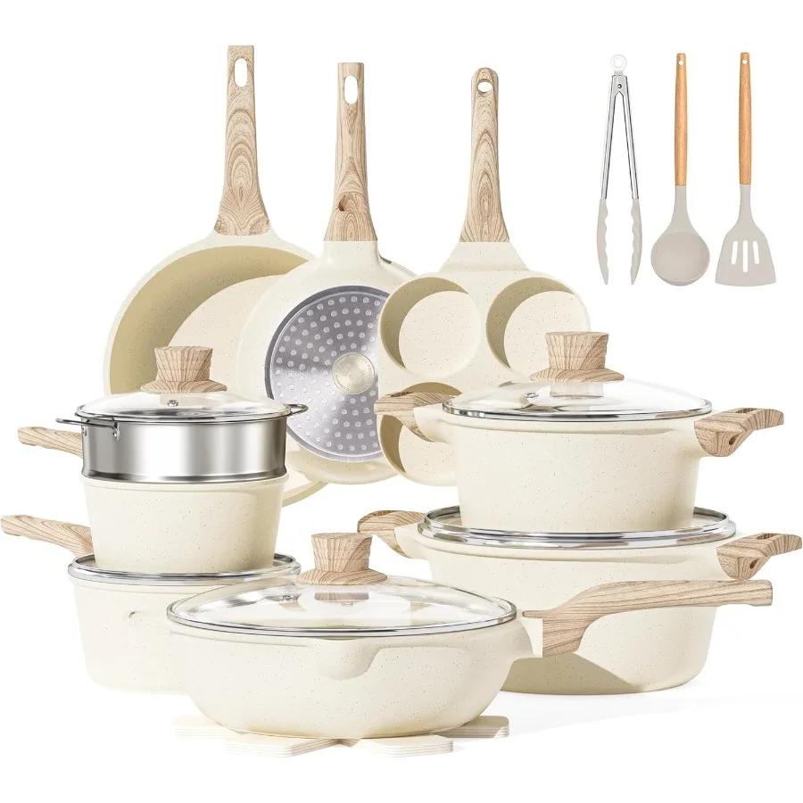 

20Pcs Cookware Sets Nonstick Pots and Pans Set Granite Induction Cookware Non Stick Kitchen Cooking Set Cream White 21 Piece Eg