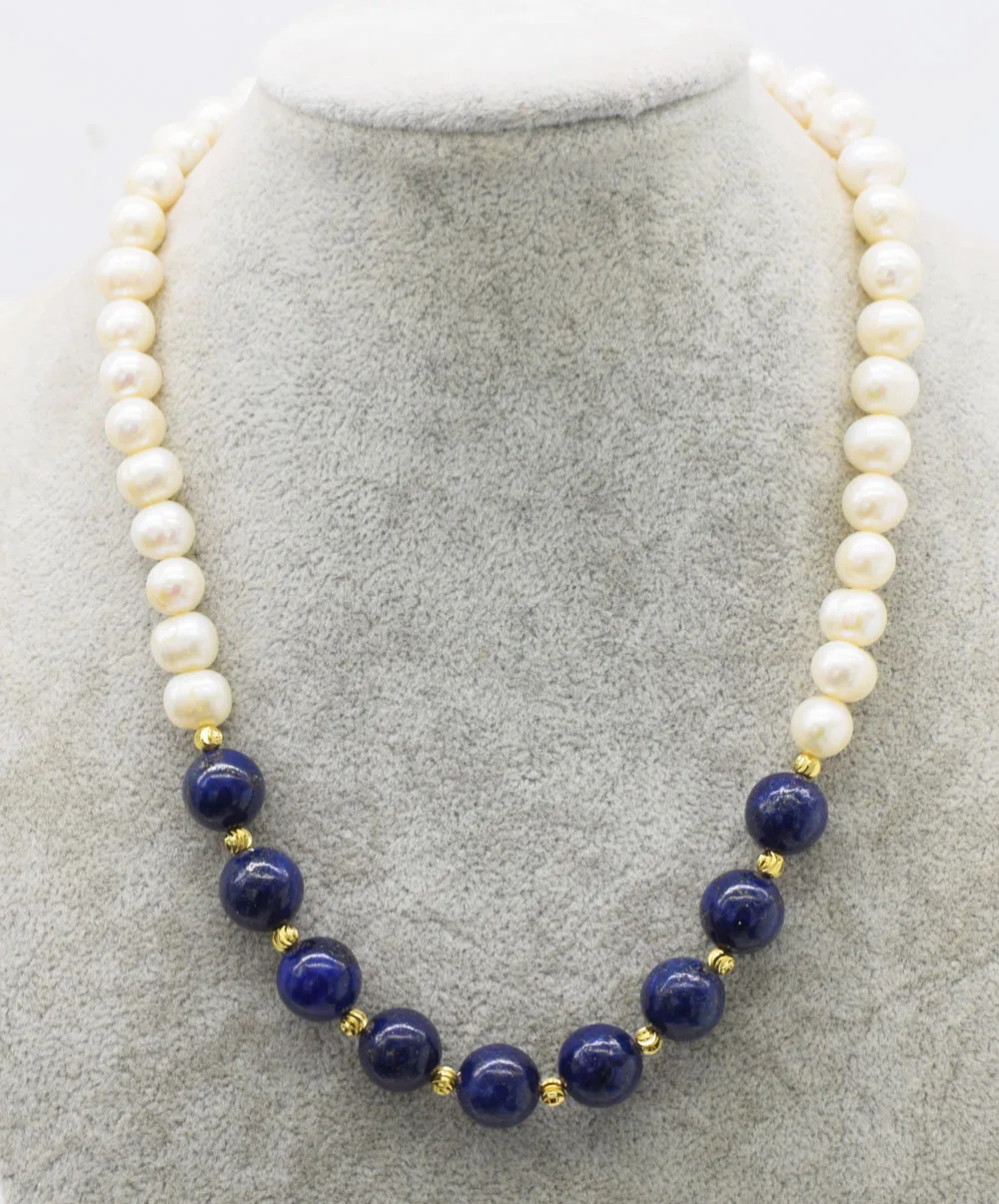 wholesale  freshwater pearl white  and blue lapis 10mm round necklace 18inch   nature beads