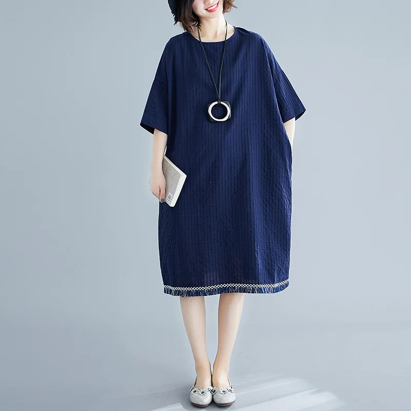 Nuovo 2025 Estate Allentato di Grandi Dimensioni delle Donne di Cotone di Lino Midi Dr Artistico Faion Coreano Sle plus Size Dimagrante Dr