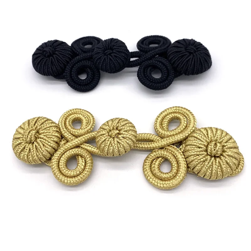 Chinese Frog Closure Knot Button Fastener for Cheongsam, Tang Suit Decoration, DIY Sewing Button, Gold and Black, 1 Pair