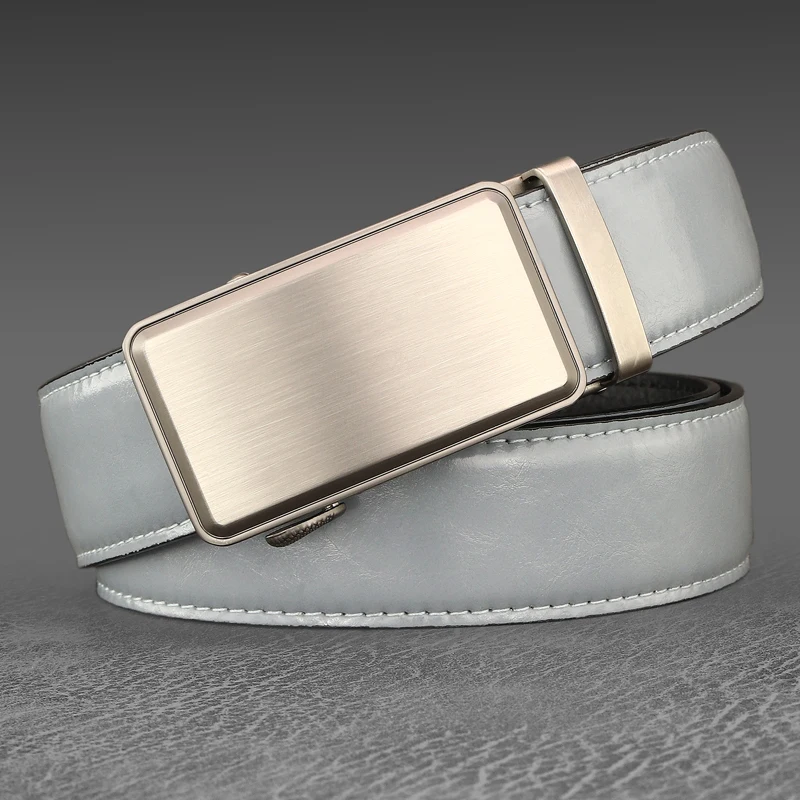 Sabuk Biru Kualitas Tinggi Pria Gesper Otomatis Warna Abu-abu Lebar 3.5Cm Tali Pinggang Kulit Asli Kulit Sapi