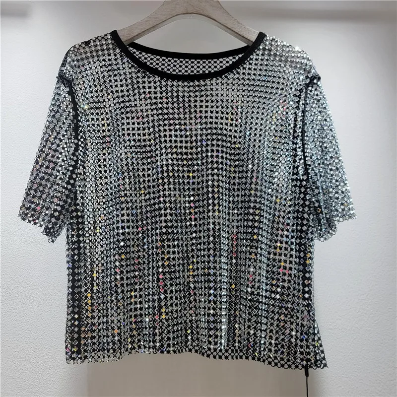 New style rhinestone starry sky diamond round neck short-sleeved shirt blouse hollow-out see-through T-shirt summer