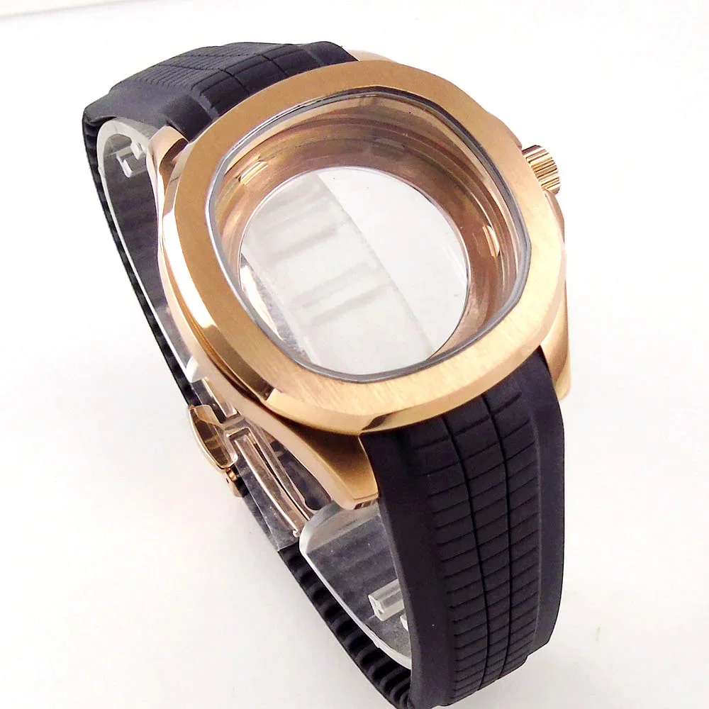 NH35 Case Rose Gold Stainless Steel Case Rubber Strap Glass Back Watch Accessories for AQUANAUT NH36 Movement Replacements