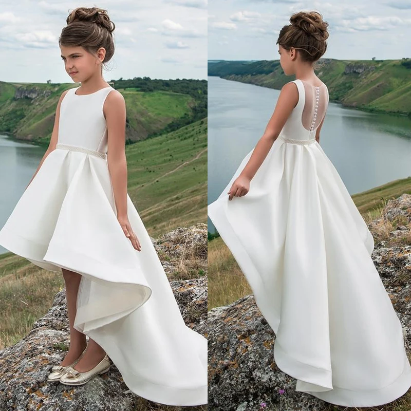 Vestido de dama de honor de satén blanco para niña, Frente corto, espalda larga, vestido de princesa, vestido de niña de flores