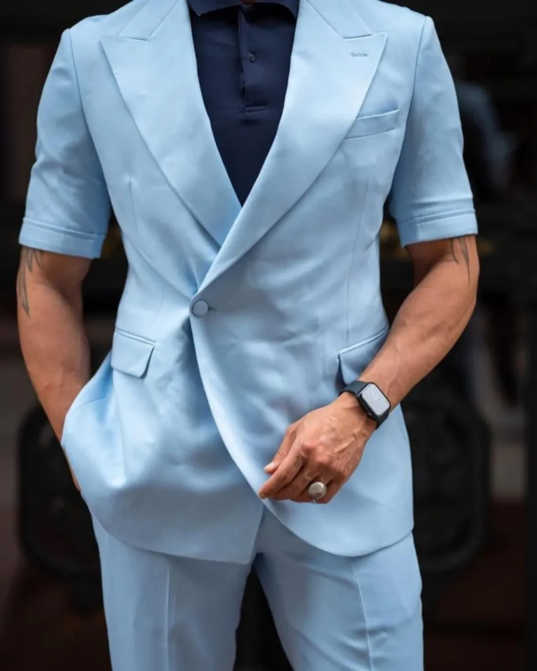 Sky Blue Summer Fashion Short Sleeves Men Suits Single Button Peak Lapel Suit 2 Piece Jacket& Pants Male Clothing Daily Casual