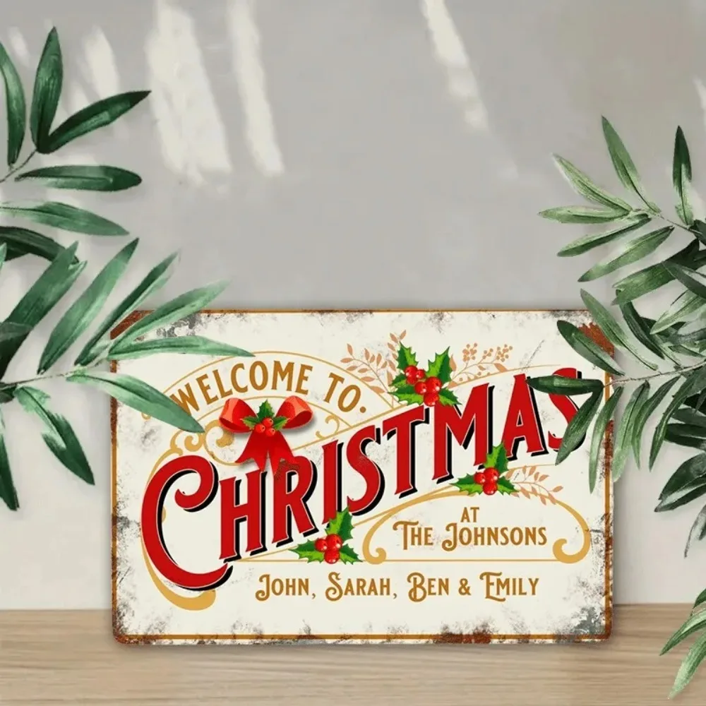 Customizable Christmas Metal Sign 2D Flat, Waterproof Personalized Name Wall Plaque Decor