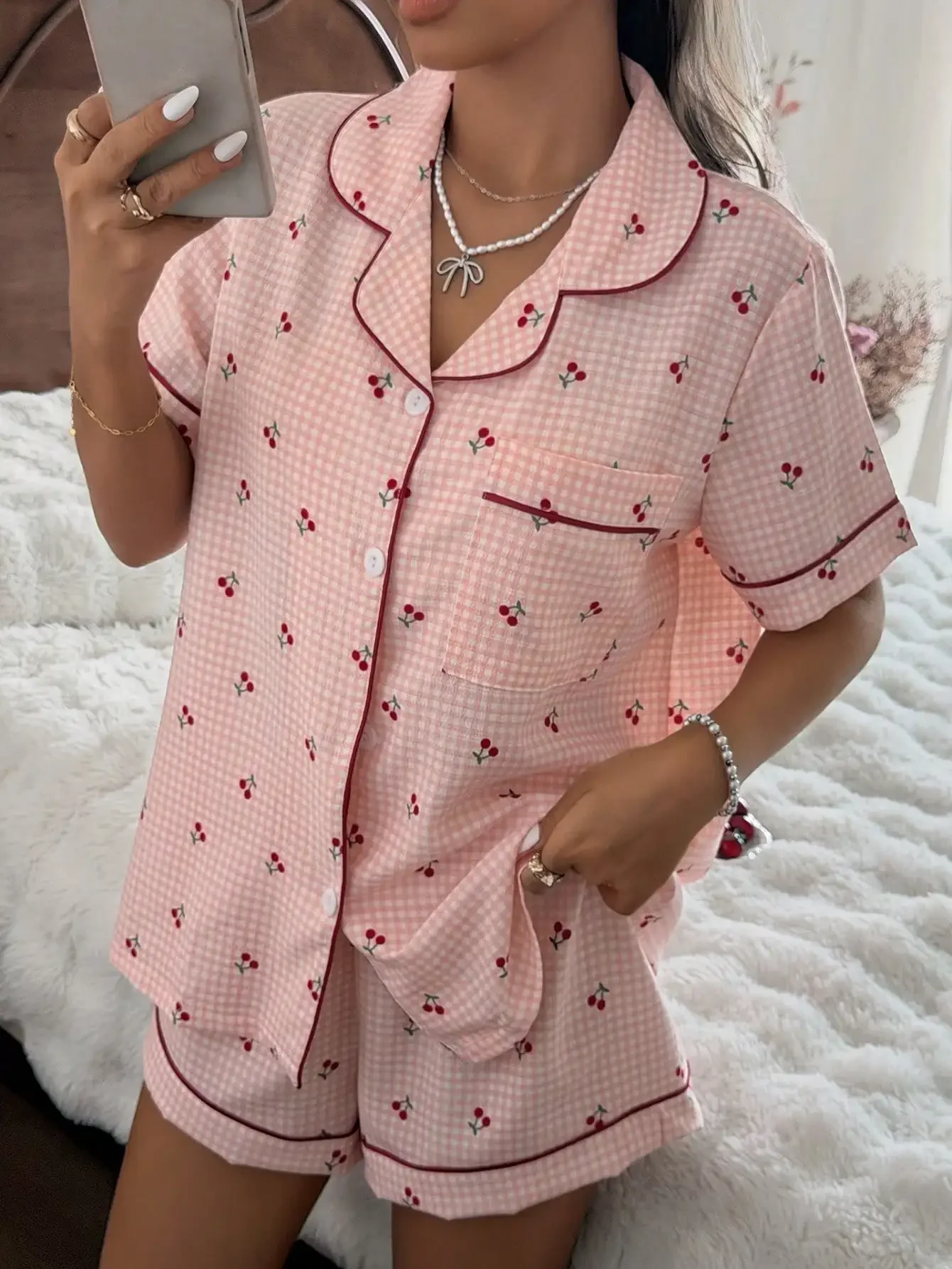 

Pink Plaid Cherry Print Shirt Collar Short Sleeve & Shorts Pajama Set For Women