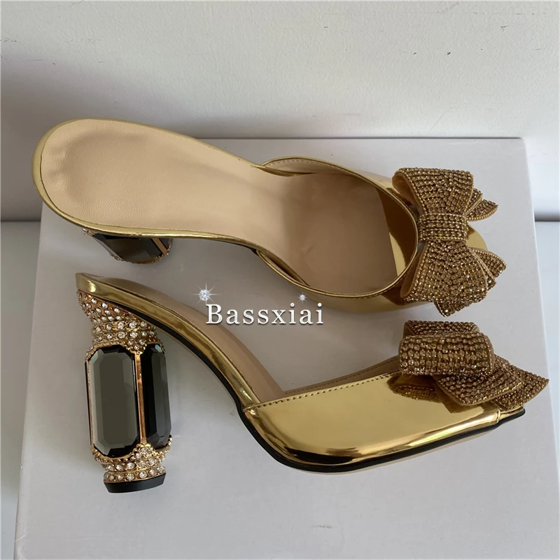 Crystal Jeweled Butterfly-Knot Sandals Women Luxury Patent Leather Ankle Strap Diamond High Heel Party Shoes Summer view 6