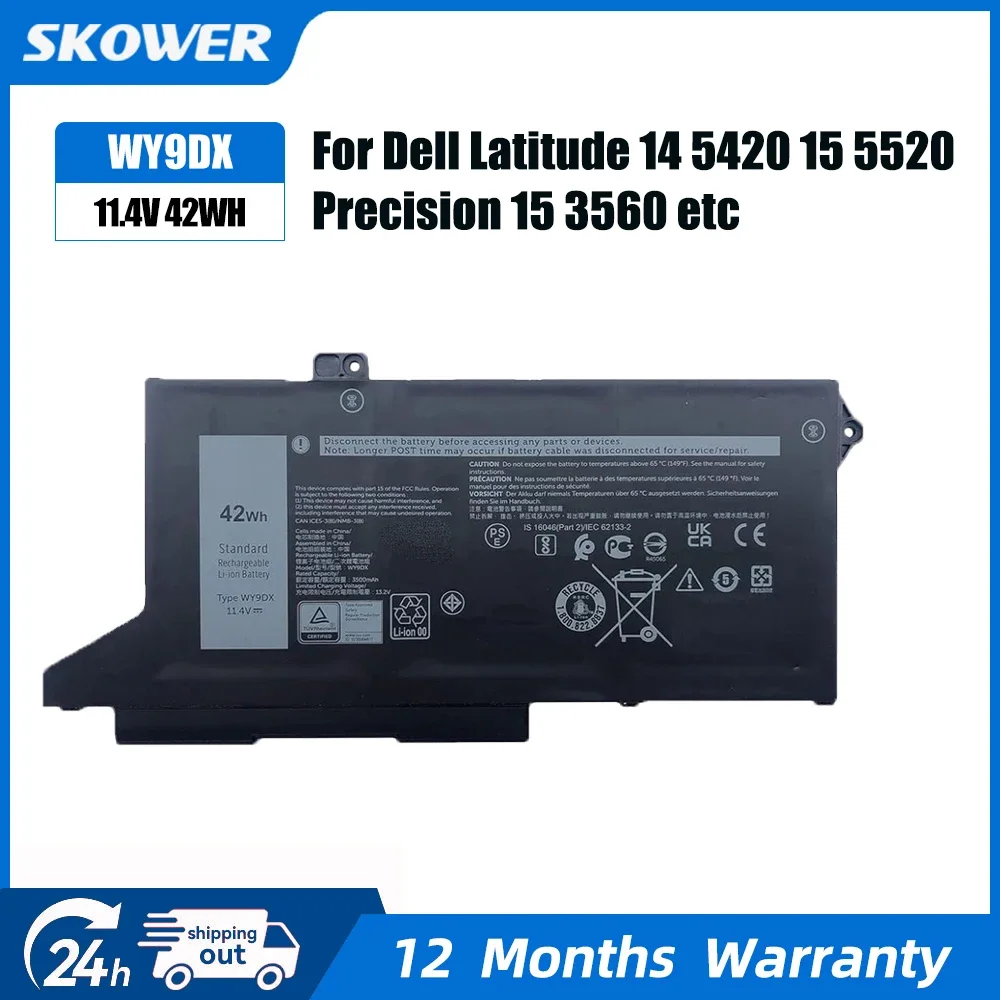 SKOWER 42Wh WY9DX Laptop Battery for Dell Latitude 14 5420 15 5520 Precision 3560 63Wh RJ40G P137G P137G001 P104F P104F001