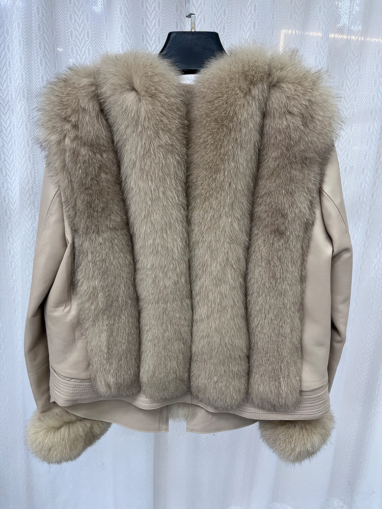 Abrigo de piel de zorro Real Natural para mujer, chaqueta de plumas de ganso, chaqueta de piel de oveja auténtica, abrigos cálidos de lujo para