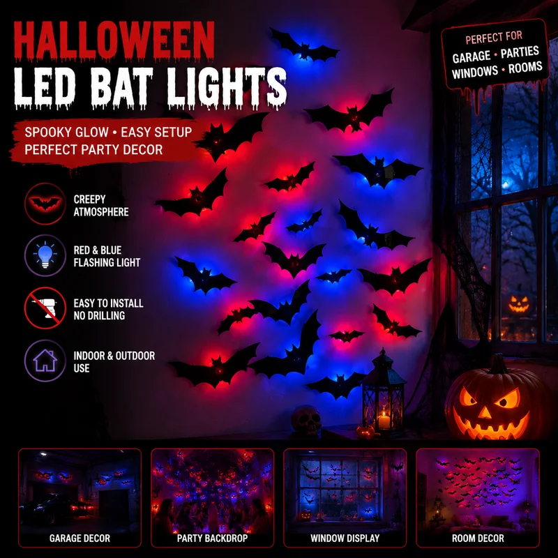 Halloween 3d Led Night Light Glowing Bats Decoration Wall Stickers For Party Home Window  Background Atmosphere Decor Cos Wacky