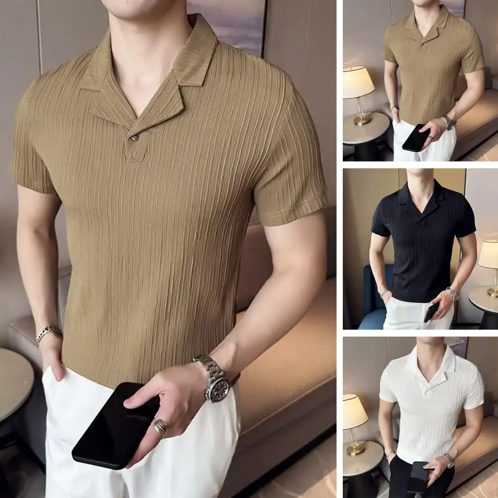 Men Solid Color Top Stylish Men's Retro Turn-down Collar T-shirt for Business Office Wear Slim Fit Soft Breathable for Summer