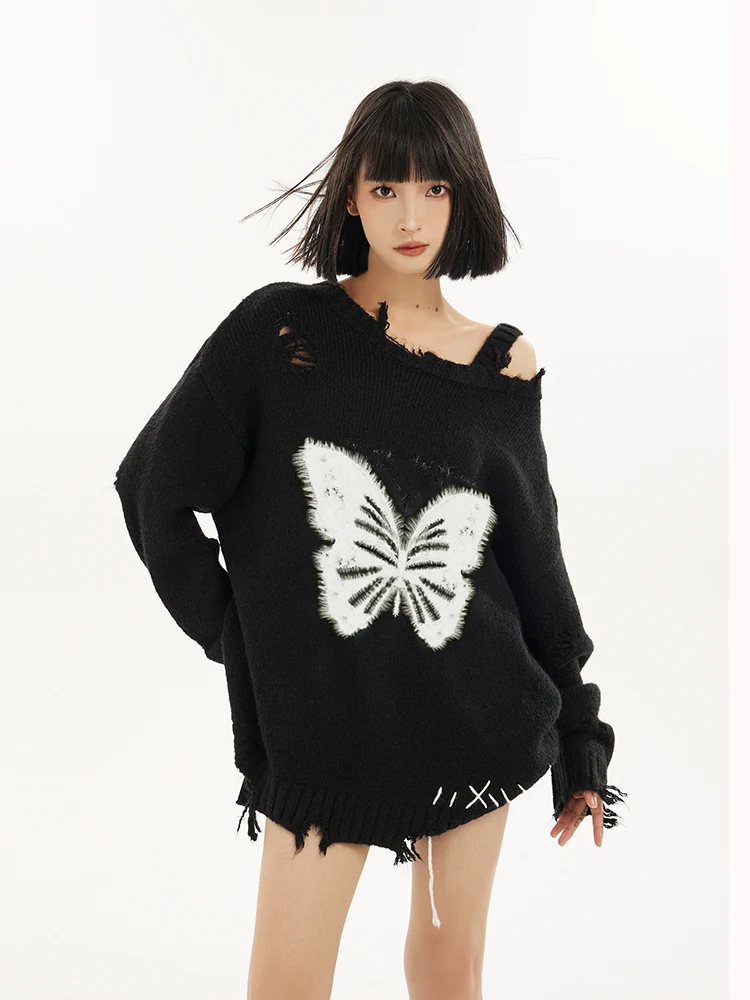 Jesień nowy sweter z odkrytymi ramionami sweter damski Y2k nadruk z motylkami dziury Harajuku zgrywanie topy z dzianiny Vintage eleganckie swetry