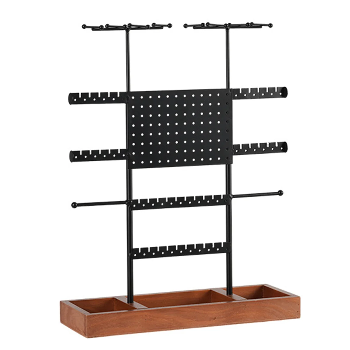 Jewellery Stand with Wooden Base, Height Adjustable Jewellery Organiser Stand, Metal Jewellery Holder Display Tower