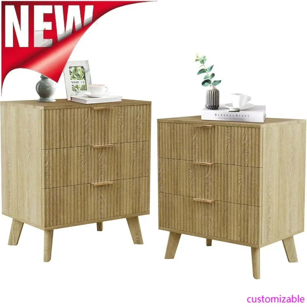 Best-Mid Century Modern 3 Drawer Dresser For Bedroom, Nightstand Set Of 2, Storage Cabinet Side Table With Solid Wood Legs