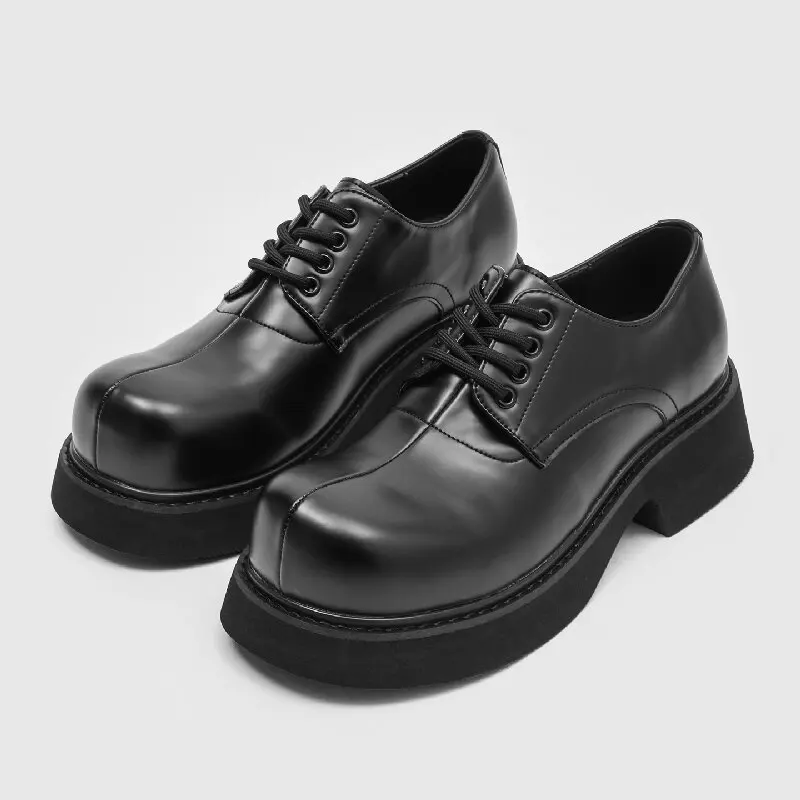 Classic Men Big Head Casual Leather Shoes Black British Casual Lace Up Thick Sole Durable Fashion Derby Shoes Commuting Shoes
